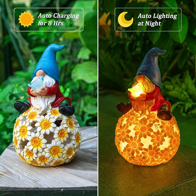 Solar Garden Gnome Outdoor Decoration Patio Porch Lawn Gnome Statue with LED Lights Christmas Gardening Birthday Ideal Gifts for Women Mom, Blue Gnome