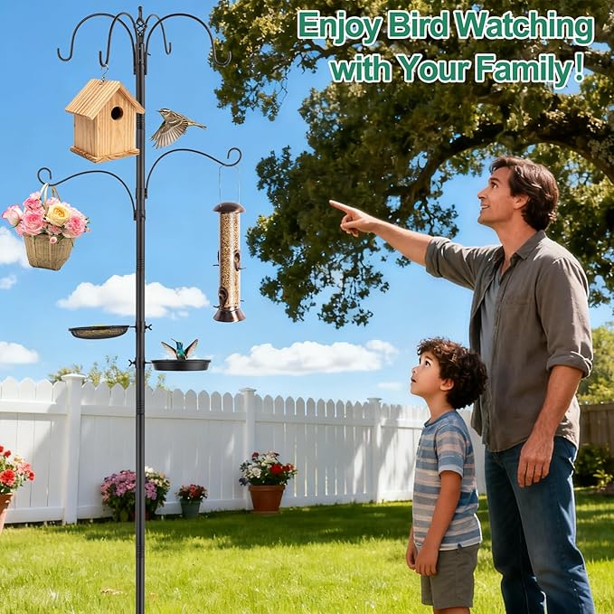 6-Hook Bird Feeding Station Kit,103 Inch Heavy Duty Shepherds Hooks for Outdoor,Adjustable Height Bird Feeder Pole with Mental Tray and Water Bowl,Attracting Wildbirds