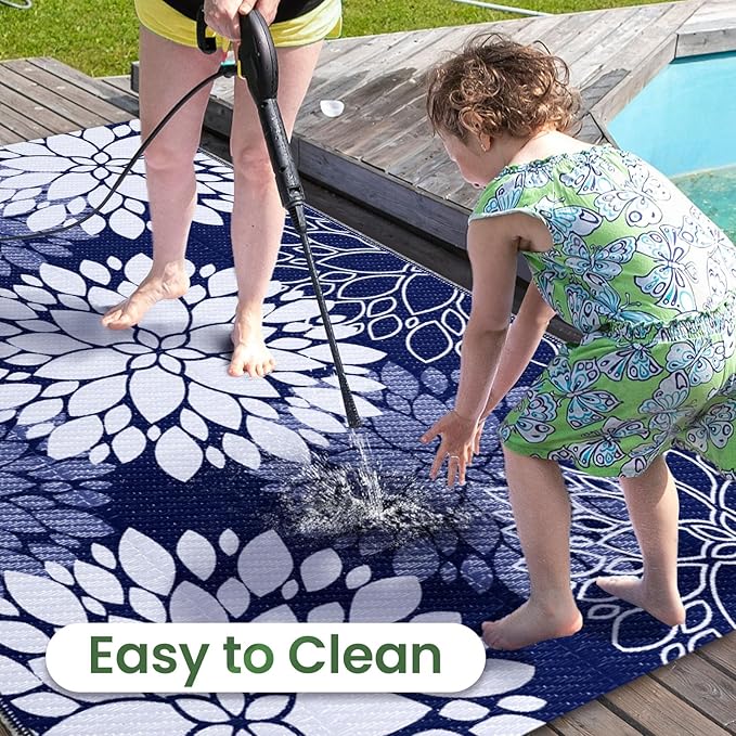 LuxStep Outdoor Rug Waterproof Outdoor Plastic Straw Rug Reversible Patio Rug Mat Outdoor Decor Large Area Mats for RV, Picnic, Backyard, Deck, Balcony, Porch, Beach, Camping, 4'x 6',Blue