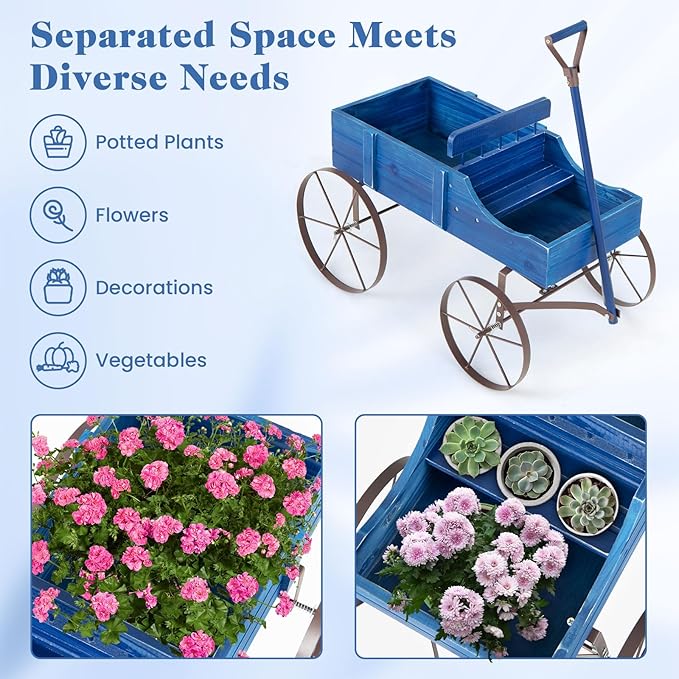 Wooden Wagon Planter with Wheels, Indoor/Outdoor Flower Cart w/Dual-Compartment & Adjustable Handle, Decorative Garden Planter for Home, Yard, Wedding (Blue)