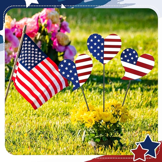 Pickmesh 6 Pcs 12" H Patriotic Metal Yard Sign Patriotic Heart Garden Stake 250th Anniversary USA Flag American Yard Sign for Memorial Day Outdoor Decor 4th of July Independence Day Decoration