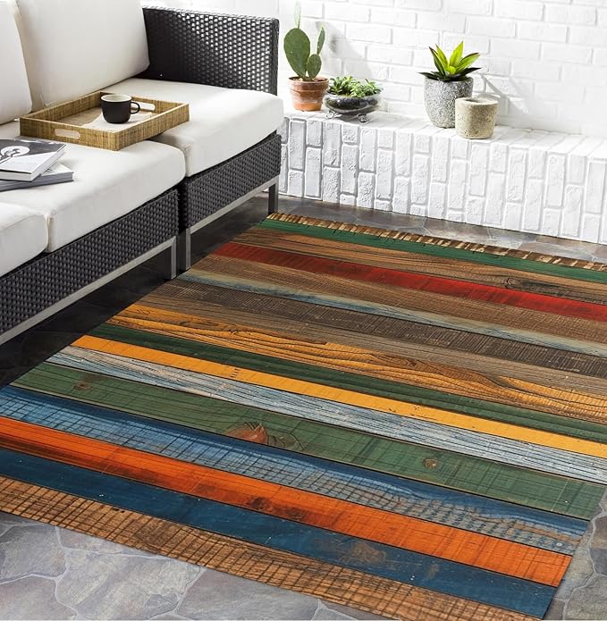 Retro Old Wooden Board Farmhouse Style Outdoor Area Rug for Backyard Balcony Patio Deck Washable Non Slip Outside Carpet Multicolor Wood Grain Waterproof Durable Indoor Outdoor Floor Mats 2x3
