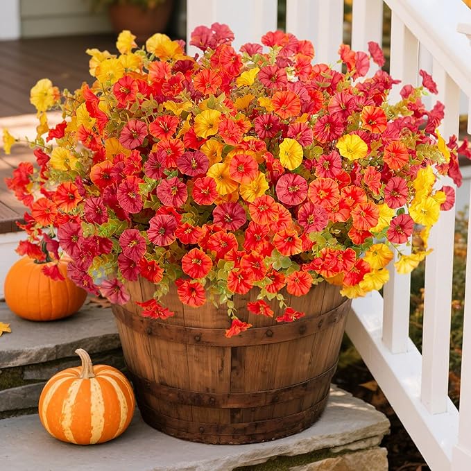 Fake Fall Flowers Artificial for Decoration, 12 Bundles Faux Plants Silk Orange Flowers Morning Glory Petunias Realistic UV Resistant for Outdoors Planter Porch Patio Window Box, Orange Yellow