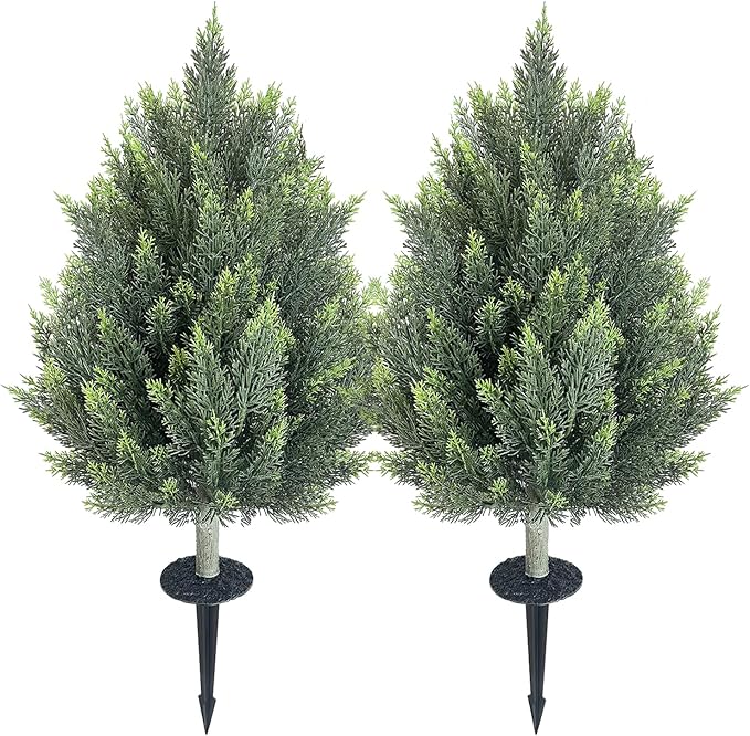 32inch Artificial Topiary Tree Set of 2 Beautiful Realistic Faux Cedar Pines Christmas Trees UV Rated Fake Shrubs for Front Porch Faux Plants Indoor and Outdoor Decor