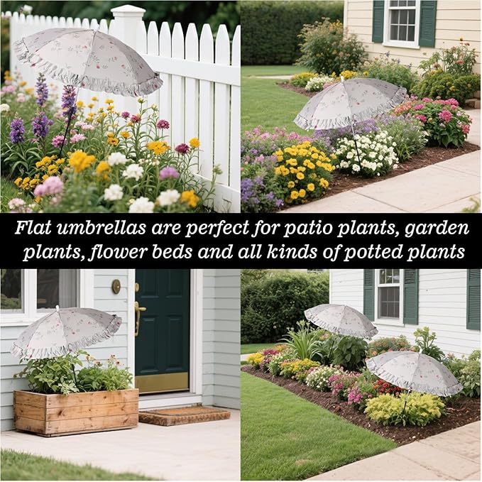 2pcs Mini Adjustable Floral Plant Umbrellas, Lace Garden Sun Shade with Metal Poles & H-Shaped Stakes Outdoor Parasols for Potted Plants Flowers Fruits Vegetables