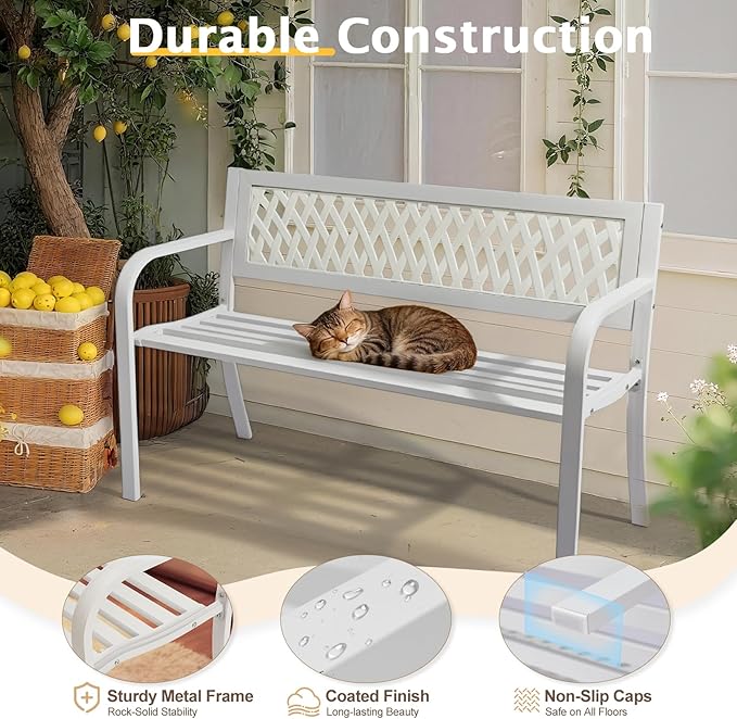 VINGLI 47'' Outdoor Bench, Weather Resistant Garden Patio Bench Powder Coated Iron Frame w/PVC Mesh Backrest Slatted Seat, 2-Person Outdoor Furniture for Front Porch Entryway Park (White)