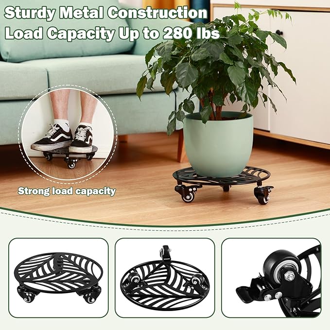 3 Packs Large Metal Plant Caddy with Wheels 13 Inches Heavy-duty Wrought Iron Rolling Plant Stands with Casters Indoor Outdoor Planter Roller Base Plant Movers Black, Strong Load Capacity
