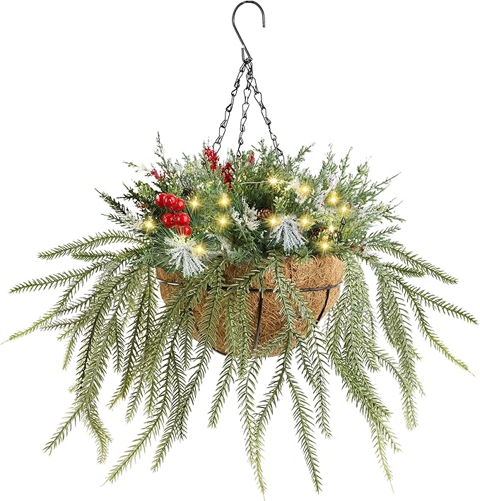 DR.DUDU Christmas Decorations Hanging Baskets, 18" Artificial Basket with Lights Timer for Outdoor Porch with Norfolk Pine Cones Berry Clusters Holiday Winter Xmas Decor for Home Front Door Yard