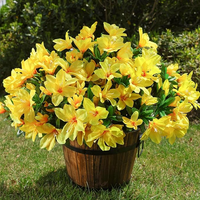 INSPRING Artificial Azalea Flowers Fake Plants for Outdoors Spring Summer Decoration, 3 Bundles UV Resistant Faux Silk Outside Flowers Look Real for Outdoor Planter Front Door Patio Garden, Yellow