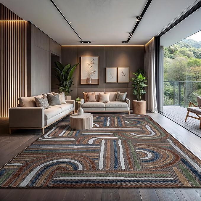 CAMILSON Indoor Outdoor Rug, Brown 9x12 Geometric Arch Striped Large Area Rugs for Patio and Home Areas, Easy-Cleaning Non-Shedding Living Room, Garden and Deck Washable Outside Carpet (9 x 12)