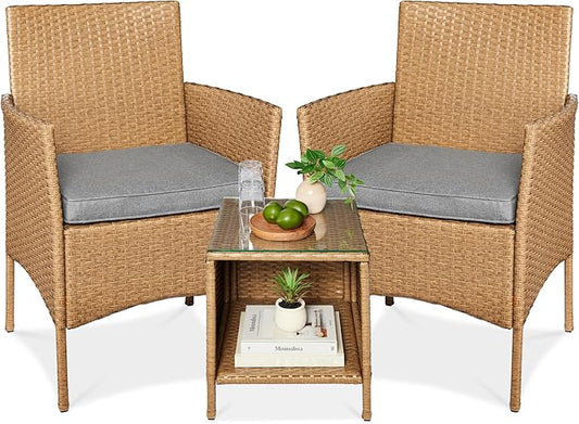 Best Choice Products 3-Piece Outdoor Wicker Conversation Bistro Set, Space Saving Patio Furniture for Garden w/Side Table - Natural/Cement Gray