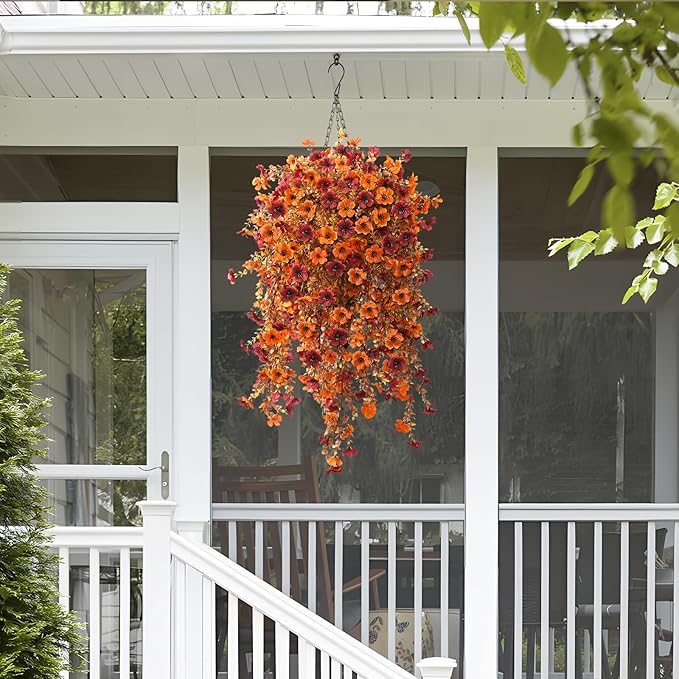 Fall Artificial Fake Mums Hanging Flowers Plants Basket for Outdoor Decoration,Faux Silk Daisy planters UV Resistant Look Real for Home Porch Patio Balcony Yard Autumn Decor (Orange Brown)