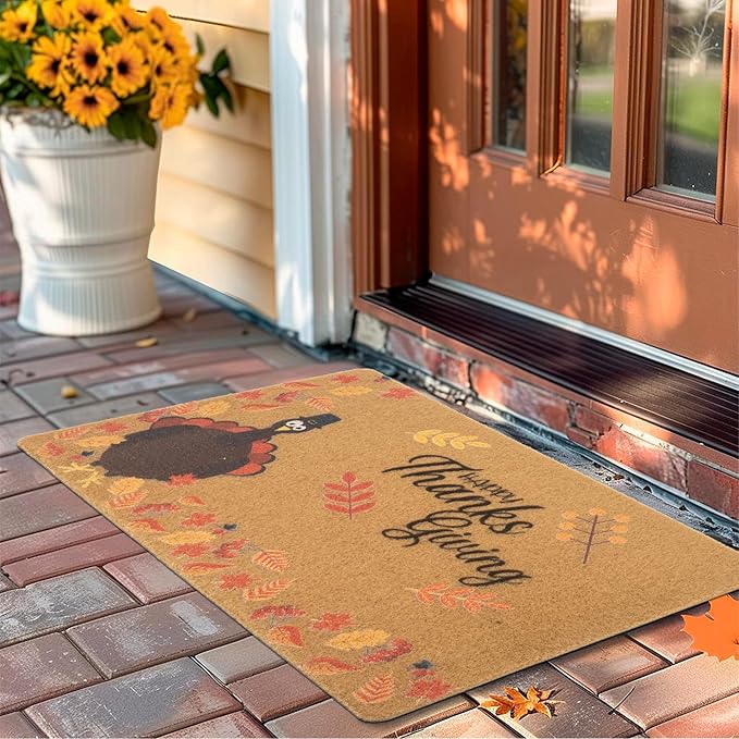Thanksgiving Doormat Turkey Maple-Leaf for Front Door Indoor Outdoor Entrance Porch, Faux-Coir Non-Slip Dirt-Trapping Fall Decor Door Mat 17"x30"