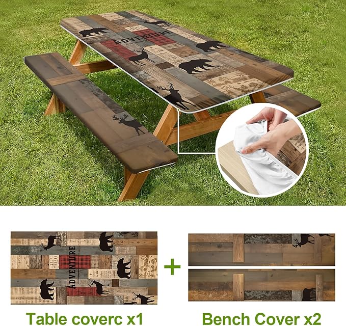 Picnic Table Cover with Bench Covers Set of 3 - Adventure Theme Rustic Bear Deer Wildlife Pattern, Elastic Fitted Tablecloth for 6 Ft Tables, Washable Polyester Cover for Camping, Indoor & Outdoor