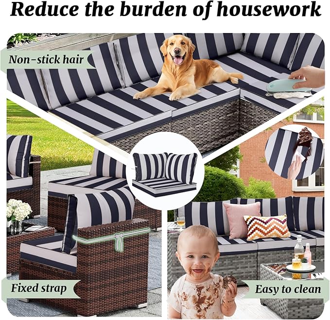Outdoor Sectional Cushions Replacement Set, 26x26in Patio Furniture Cushions, 14 Pieces Waterproof Outdoor Couch Cushion for 6 Seat Wicker Conversation (Navy Blue with White Stripes)
