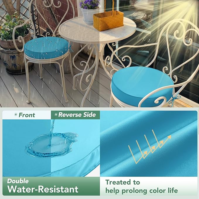 Outdoor Bistro Chair Cushions Set of 2, 15" D x 3" H Round Chair Cushions Waterproof and Fade Resistant Chair Cushion Pads with Non-Slip Ties and Removable Covers for Garden, Teal