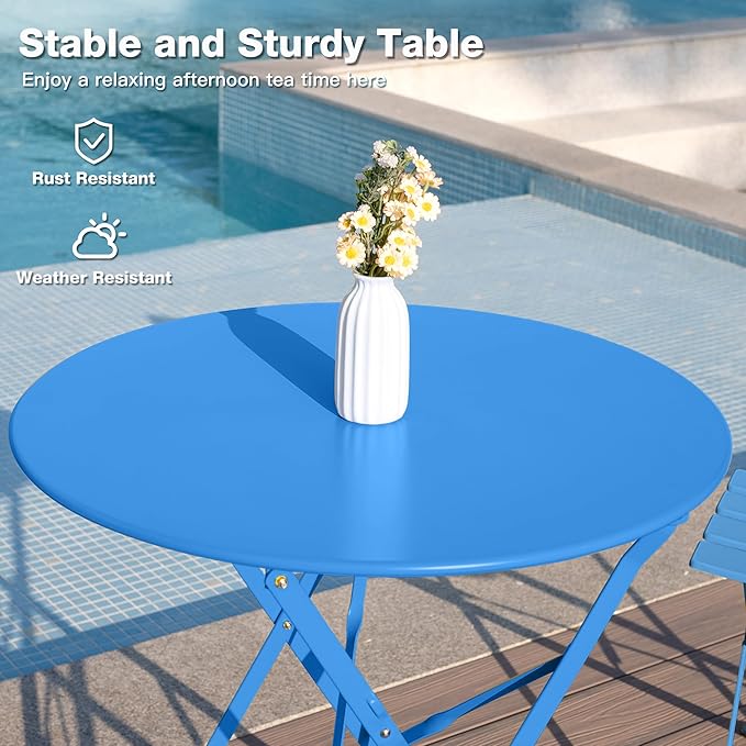 3 Piece Bistro Set, Folding Patio Furniture Set, Outdoor Table and Chairs Set for Patio, Garden, Balcony and Poolside, Blue