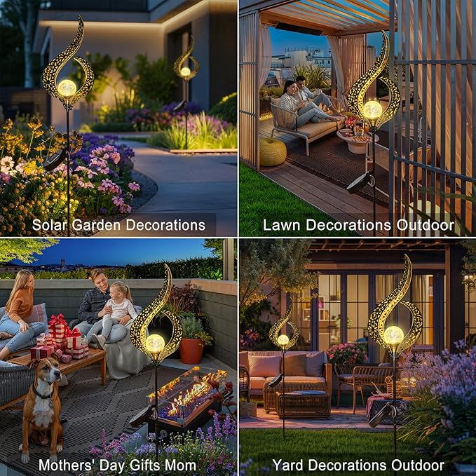 HOMEIMPRO Outdoor Garden Solar Lights Stake Waterproof, Mothers Day Gifts Mom, Crackle Glass Metal Flower LED Yard Art Ornaments Lights for Pathway, Lawn or Courtyard,Gardening Gifts Women (Bronze)