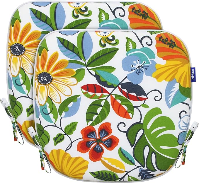 SleepMan Outdoor 17"x16" Chair Cushions with Ties Set of 2, Water Resistant All Weather U-Shape Seat Pads for Patio Garden Furniture Indoor Fade Resistant Patio Cushions (Flower World)
