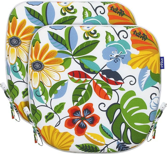 SleepMan Outdoor 17"x16" Chair Cushions with Ties Set of 2, Water Resistant All Weather U-Shape Seat Pads for Patio Garden Furniture Indoor Fade Resistant Patio Cushions (Flower World)