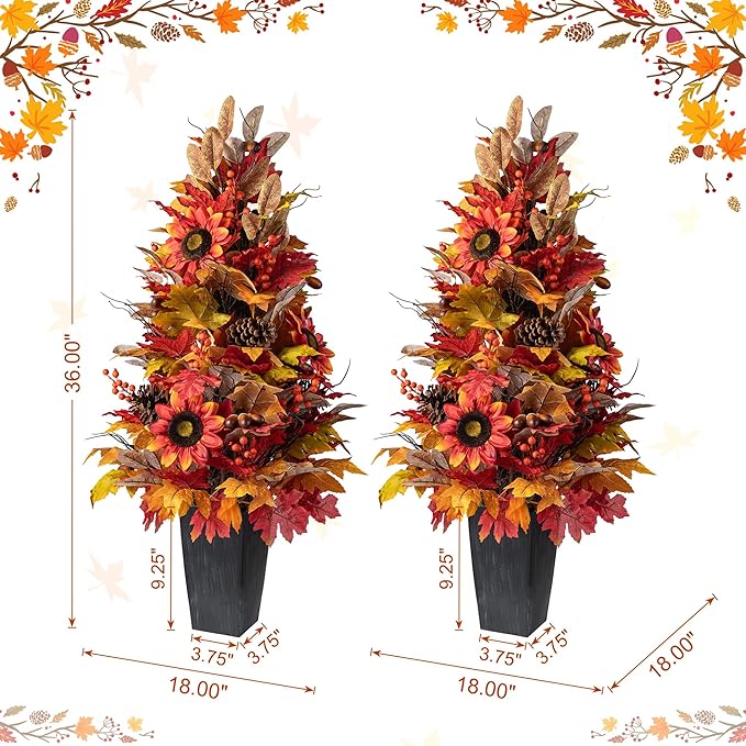 Glitzhome 2 PCS 36”H Fall Porch Tree, Harvest Artificial Porch Tree with Sunflower, Pinecone and Berry Porch & Black Planter, for Autumn Fall Harvest Thanksgiving Christmas Decoration