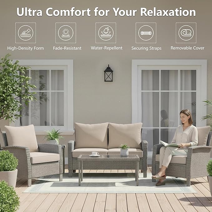 22x22 Inch Patio Chair Cushions Set of 4, Outdoor Furniture Cushions - Removable Cover, Water-Repellent, Fade-Resistant, Non-Slip Bottom & Straps, Replacement for Lawn, Porch & Deck Chair - Cream