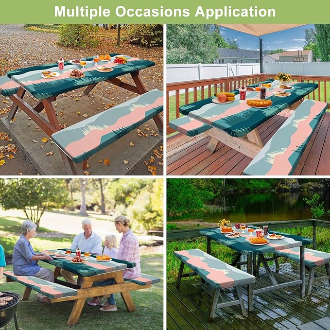 Picnic Table Cover with Bench Covers 6FT 3 Pcs Waterproof Windproof Aesthetic Camping Tablecloth with Drawstring Bag, Fitted for 6 Foot Rectangle Tables and Seats, 72 inch, Pink Green Mountains