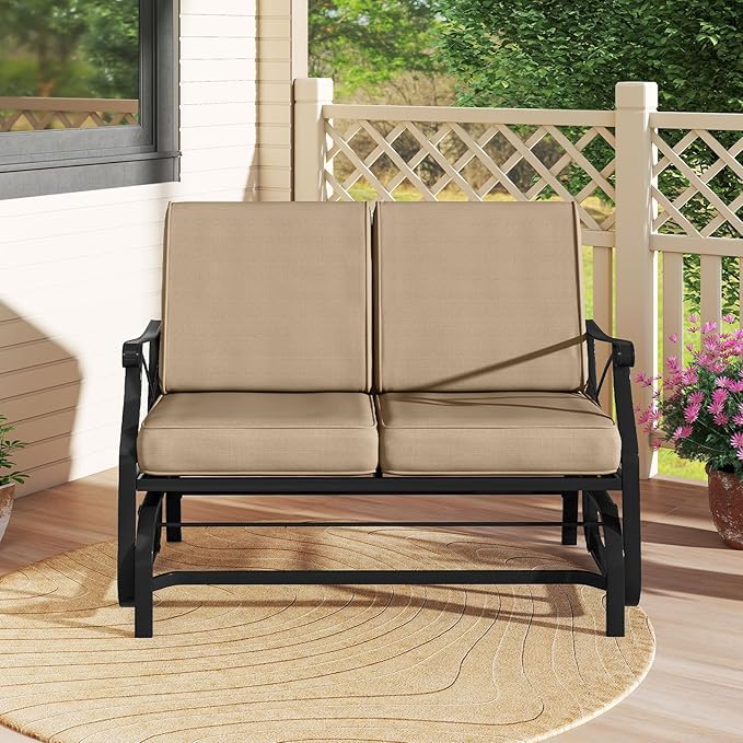 Tangkula Patio Glider Bench, 2-Person Swing Gliding Loveseat with Breathable Fabric Seat & Soft Cushions, 660 LBS Metal Frame Outdoor Rocking Chair for Porch, Poolside, Backyard