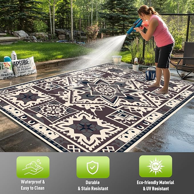 WILDROOTS 5x8 Feet Yunjin Pattern Plastic Outdoor Rug, Stain Resistant Waterproof Reversible Outdoor Patio Rug, Fade Resistant Camping Rug