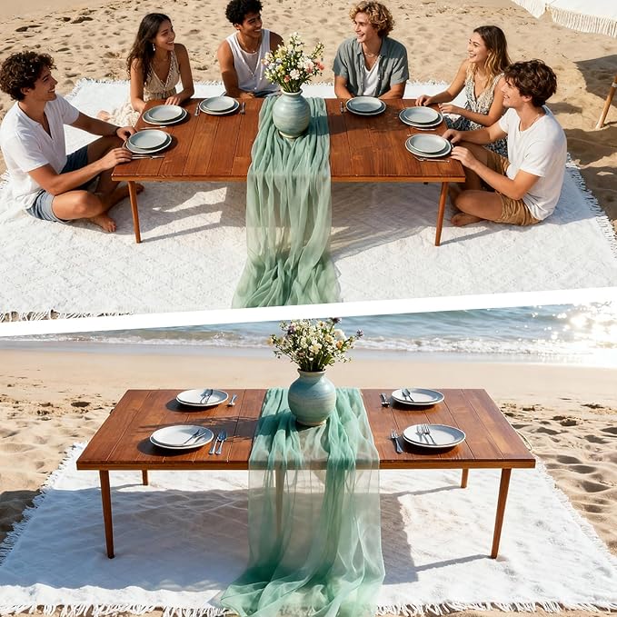 1 Set Low Picnic Table, Foldable Boho Picnic Table with Extra Large Outdoor Camping Blanket Portable Boho Wood BBQ Tables for Camping Wedding Beach BBQ Party (for 4 Person,Brown)