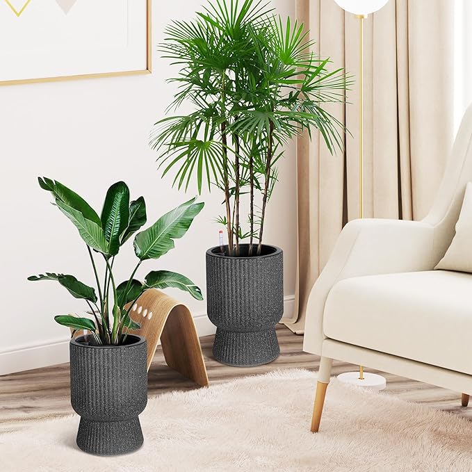 14.2" Tall Planters Set of 2, Large Indoor/Outdoor Self-Watering Plant Pots with Drainage, Water Level Monitor & Wheels, Flower Pots for Patio, Porch, Living Room, Home Office