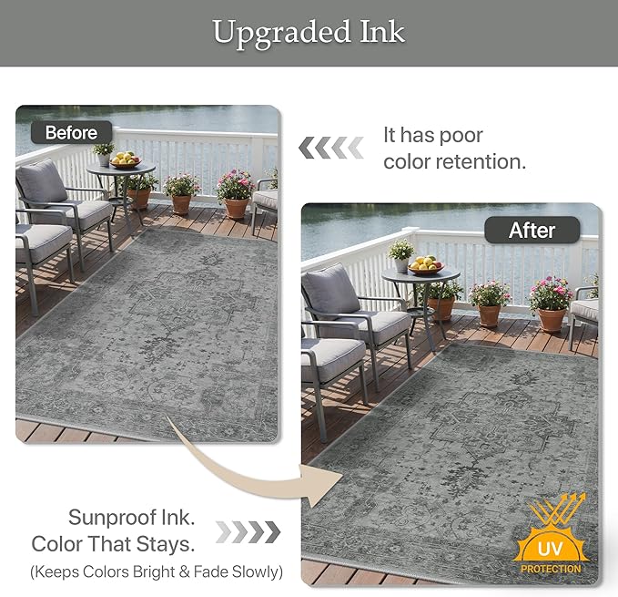 GENIMO Outdoor & Indoor Area Rug 6'x9', Waterproof, Non-Shedding, Easy Cleaning, Boho Mat for Patio, Living Room, Balcony, Dining Room, RV, Deck, Bedroom, Camping, Outside Carpet,Dark Grey