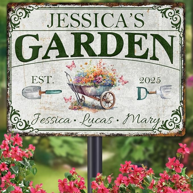 Custom Garden Signs Personalized Metal Tin Sign for Women, Retro Funny Welcome Metal Sign for Outdoor, Patio, Yard Rustic Home Decor Gifts for Mothers Day, Grandmas, and Gardening Lovers