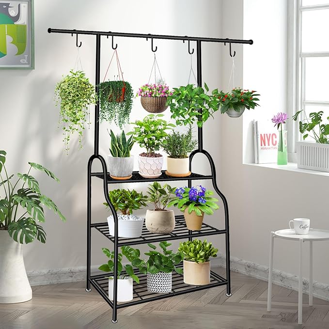 3 Tier Metal Plant Stand Indoor Outdoor, Heavy Duty Metal Hanging Plant Shelf for Multiple Flower Planter Holder, Tall Plant Holder with Plant Hanger for Garden, Living Room, Balcon