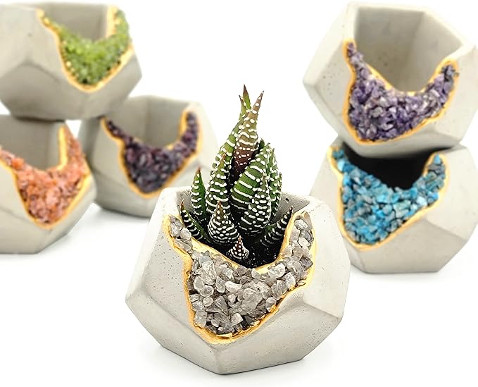 6 Pack Small Crystal Cement Pots - Unique Air Plant Holders - 3 Inch Mini Geode Concrete Plant Pots with Drainage Hole - Geometric Succulent Pots - Decorative Tealight Candle Holders