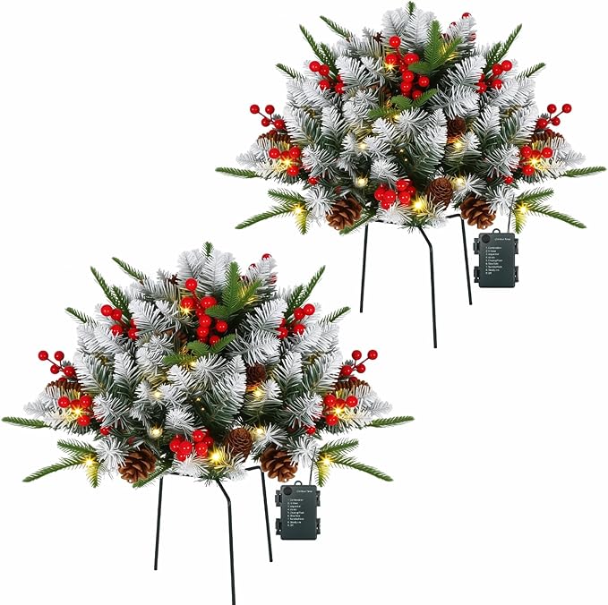 JOYHALO 2 Pack Set 22Inch Christmas Urn Filler with 40 Warm White Lights, Christmas Pot Fillers with White PVC&PE Branches, Outdoor Christmas Trees for Porch Pathway Entryway Yard Decorations