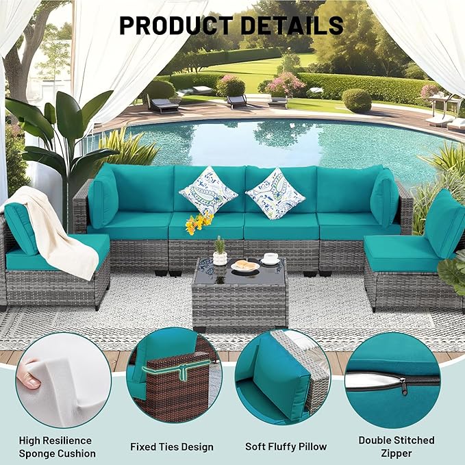 14 Piece Outdoor Sectional Cushions, Water-Resistant Outdoor Sofa Cushions Replacement, 4" High Density Foam Patio Furniture Cushions Fits 6-seat Rattan Conversation Set (Lake Blue)
