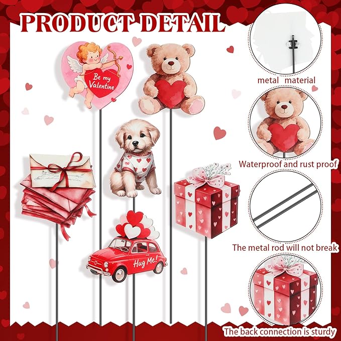 Pickmesh 6 Pcs 12" H Valentine's Day Metal Yard Sign Vintage Valentine Metal Yard Sign Barn Garden Stake for Planter Pot Walkway Pathway Outdoor Decor Lawn Decoration