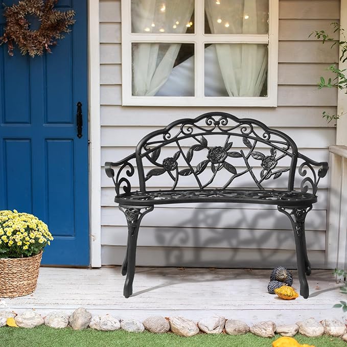 Outvita Patio Garden Bench, 38" Cast Aluminum Outdoor Chair Anti-Rust Weather Resistant Patio Bench Rose Pattern Bench for Front Porch, Backyard, Lawn