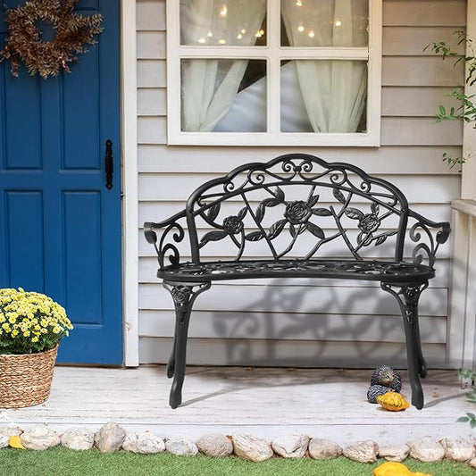 Outvita Patio Garden Bench, 38" Cast Aluminum Outdoor Chair Anti-Rust Weather Resistant Patio Bench Rose Pattern Bench for Front Porch, Backyard, Lawn