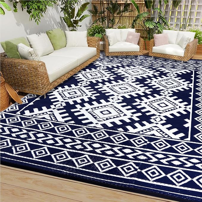 Pendolr 5’x8’ Outdoor Rug Waterproof Carpet Patio Mat Outdoor Plastic Straw Rug Camping Rug Reversible Outside Outdoor Area Rug for Balcony Deck Backyard RV Picnic Beach Navy&White 03#