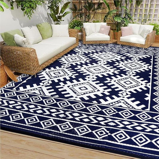 Pendolr 5’x8’ Outdoor Rug Waterproof Carpet Patio Mat Outdoor Plastic Straw Rug Camping Rug Reversible Outside Outdoor Area Rug for Balcony Deck Backyard RV Picnic Beach Navy&White 03#
