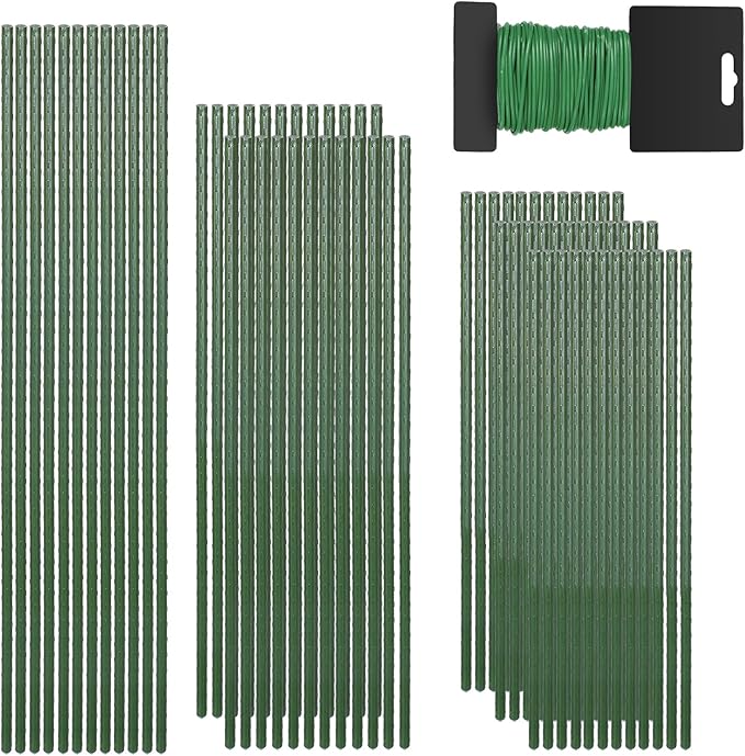 Tool Garden Stakes Kit Sturdy Green Plant Sticks Supports with Plastic Coat Plant Climbing Frame with Tie Set for Vegetable Tomato Outdoor Gardening Supplies(Green,2ft, 3ft, 4ft)