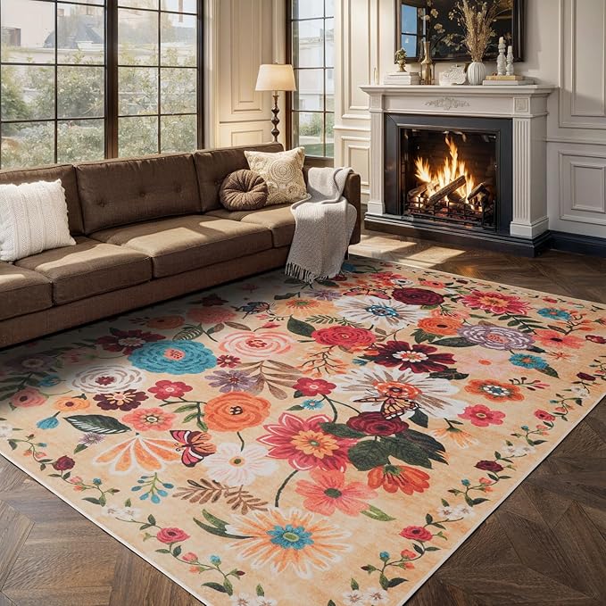 Area Rugs 9x12 Living Room Washable Rug Non Slip Floral Low Pile Large Rug for Living Room, Bedroom, Farmhouse, Dining Room, Kids Playroom(9 x 12, Yellow Lawn)