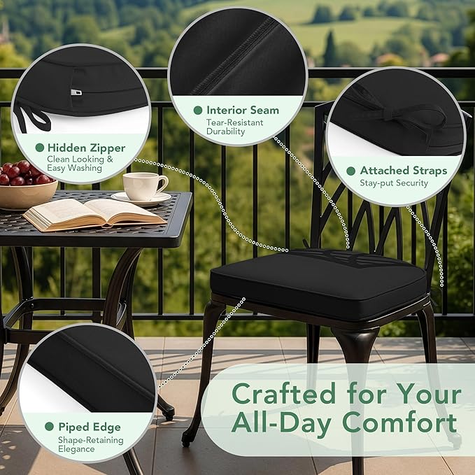 Outdoor Chair Cushions Set of 2: Waterproof & Fade Resistant Patio Furniture Cushions - 17 x 16 x 2 Inch Non Slip Round Corner Seat Cushion Pads with Removable Cover for Garden Yard Lawn, Black