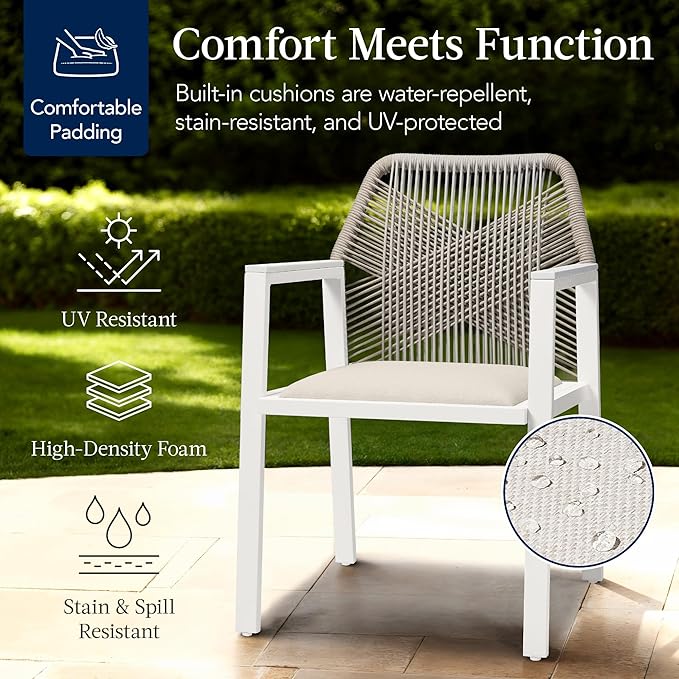 Best Choice Products Outdoor Dining Arm Chair Set of 2, Aluminum Frame with Armrest, All-Weather Woven Rope Chair Design - White/Alpine