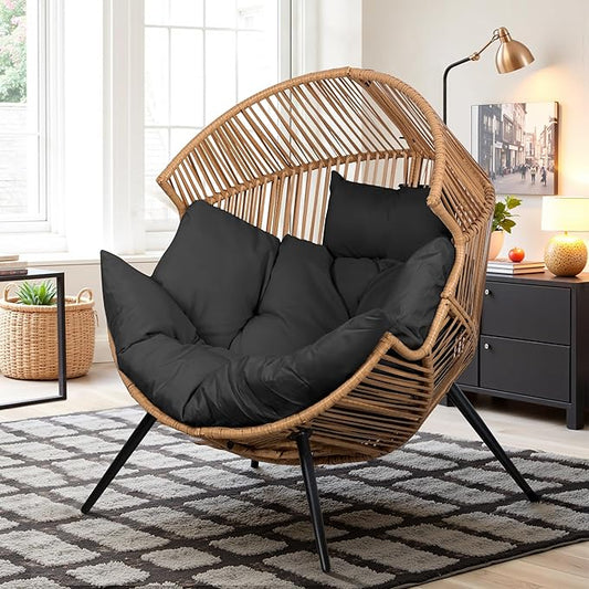Vongrasig Wicker Egg Chair PE Rattan Chair with Cushion, Oversized Patio Lounge Chair for Outdoor, Indoor, Balcony, Backyard, Garden, Living Room, Black