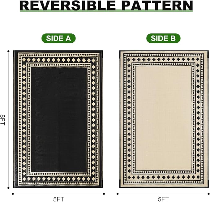 RURALITY Outdoor Rugs 5x8 Waterproof for Patios Clearance,Plastic Straw Mats for Backyard,Porch,Deck,Balcony,Black and Beige