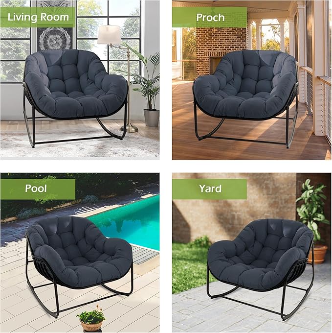 Papasan Rocking Chair, Oversized Papasan Chair with Cushion and Frame for Indoor& Outdoor, Deep Seat Egg-Shaped Rocker Chair for Garden, Deck, Living Room, Blue