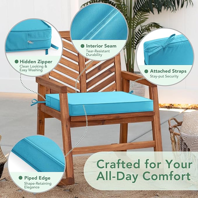 Outdoor Chair Cushions Set of 2: Waterproof & Fade Resistant Seat Cushion for Patio Furniture - 19 x 19 x 2 Inch Chair Pads with Ties and Hidden Zipper - Patio Chair Cushion Replacement, Teal